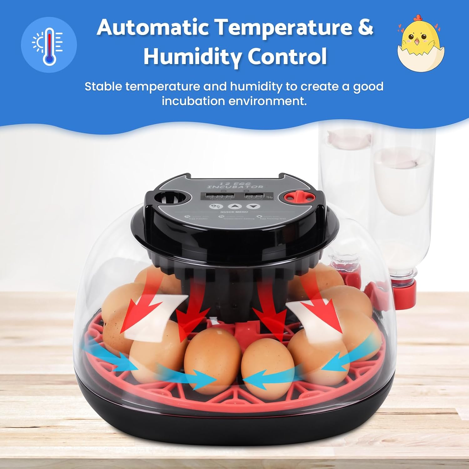 Advwin Incubators for Hatching Eggs, Automatic Egg Incubator with Temperature Control Humidity Display, 12 Egg Capacity for Chicken Duck Goose Eggs, Digital Display, Auto Turner, 360&deg; View image number 1