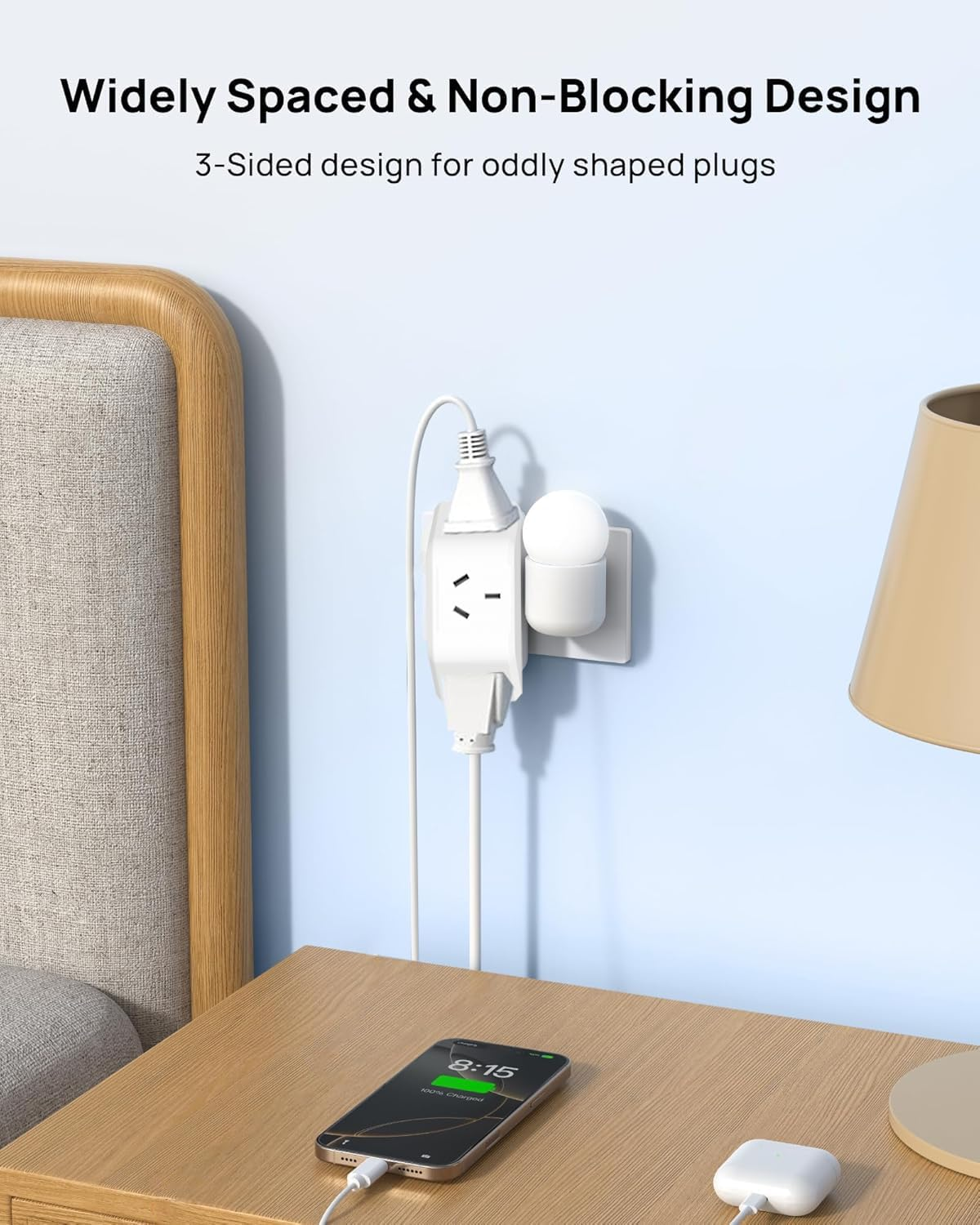 3In1 Outlet Extender, 3 AC Outlets Power Board, 3 Way Socket, No-Bloacking Multi Plug Power Strip, Compact Travel Adapter for Bathroom, Kitchen, Bedroom, Hotel, Office, Cruise (2-Pack) image number 3