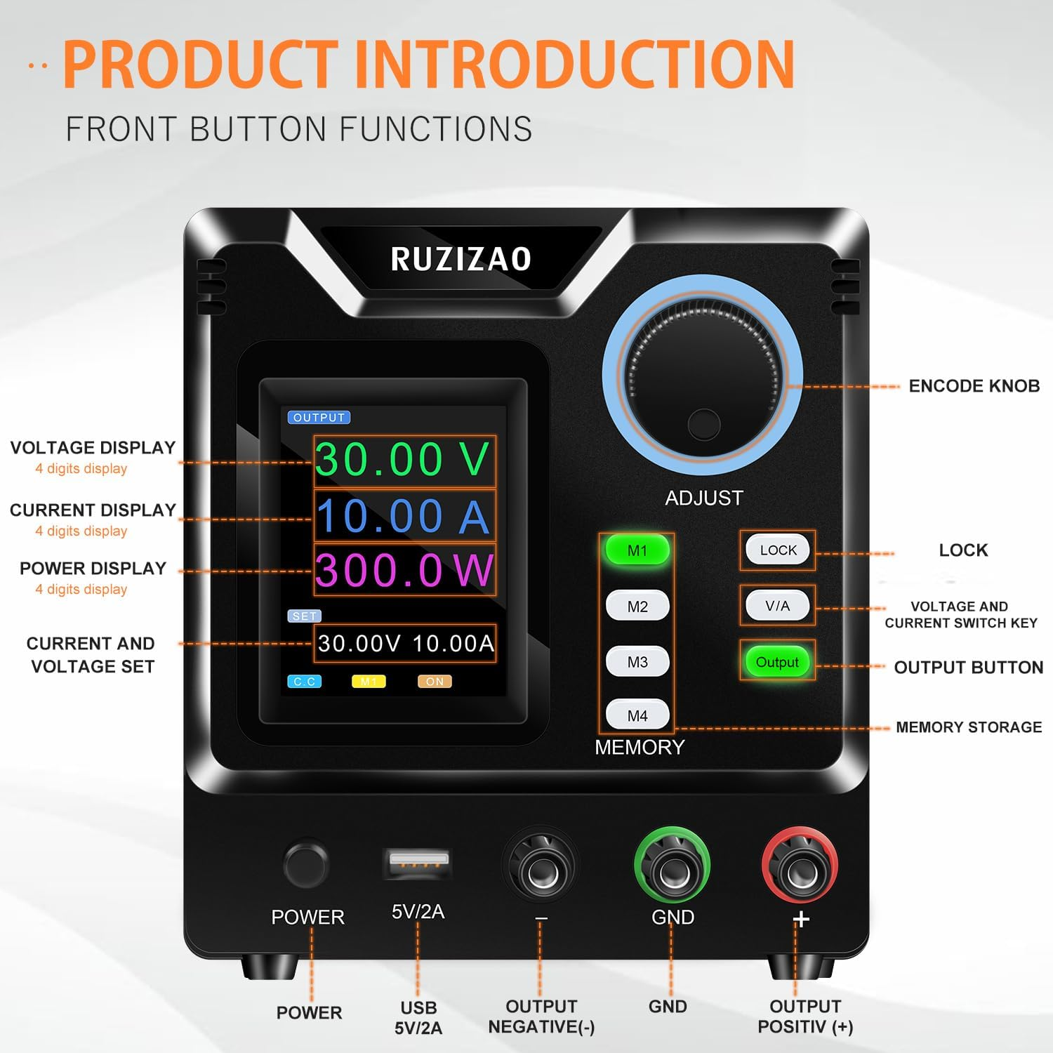 Bench Power Supply Variable (0-30V,0-10A),DC Power Supply Variable with Memory Storage and Encoder Knob, Adjustable Regulated DC Power Supply with Output Switch, Lock Button image number 4