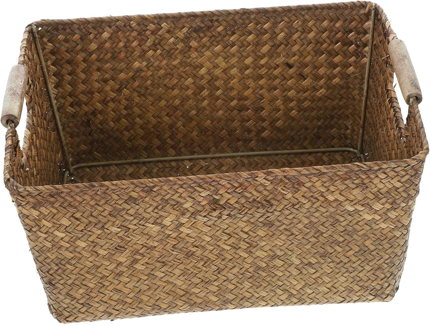 OFFSCH Seagrass Woven Storage Basket with Wooden Handles, Medium 34X25X17Cm Natural Fiber Organizer for Home and Office Shelves, Toy and Sundry Storage Container image number 4