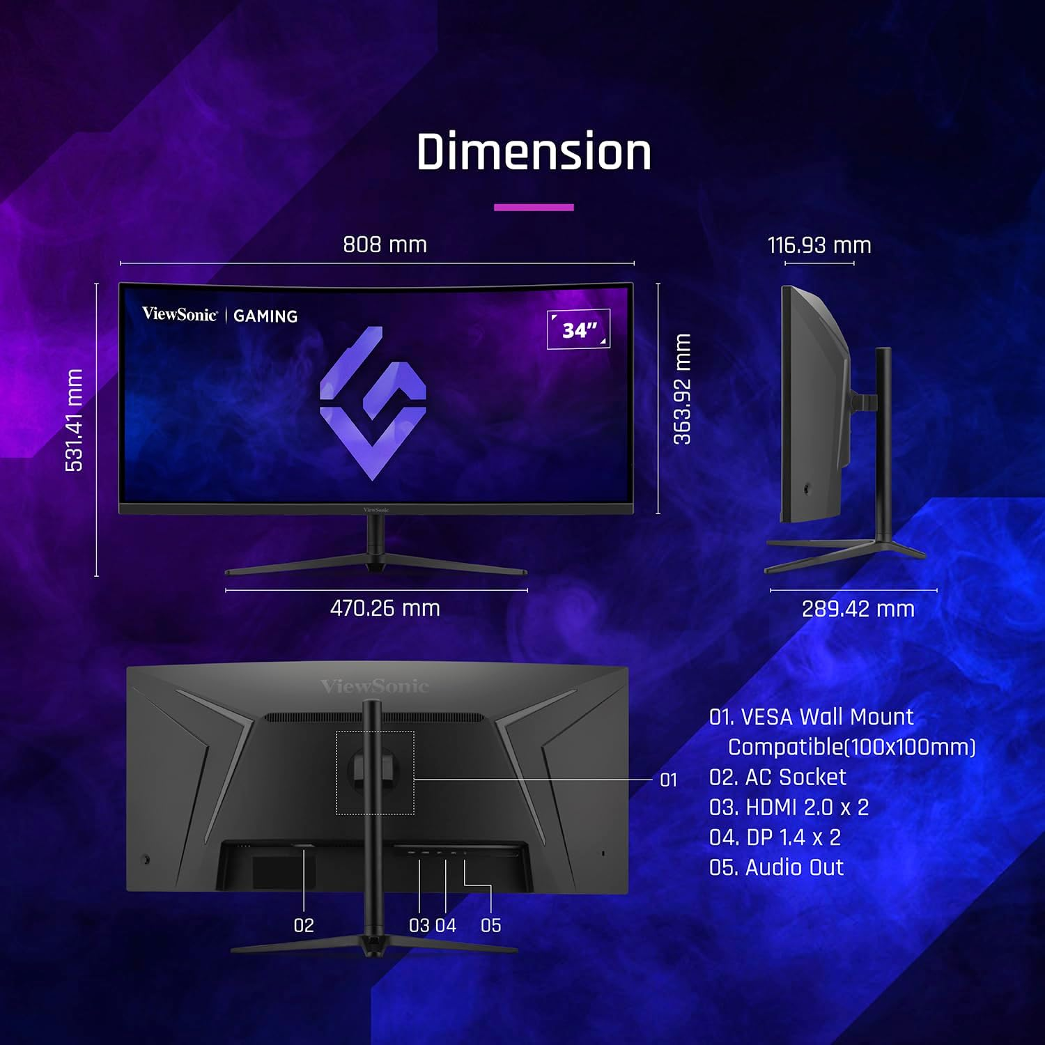Viewsonic VX3418C-2K 34 Inch UWQHD 1500R Curved Gaming Monitor, 180Hz, 1Ms MPRT, AMD Freesync Premium, HDMI, Displayport, Speakers image number 4