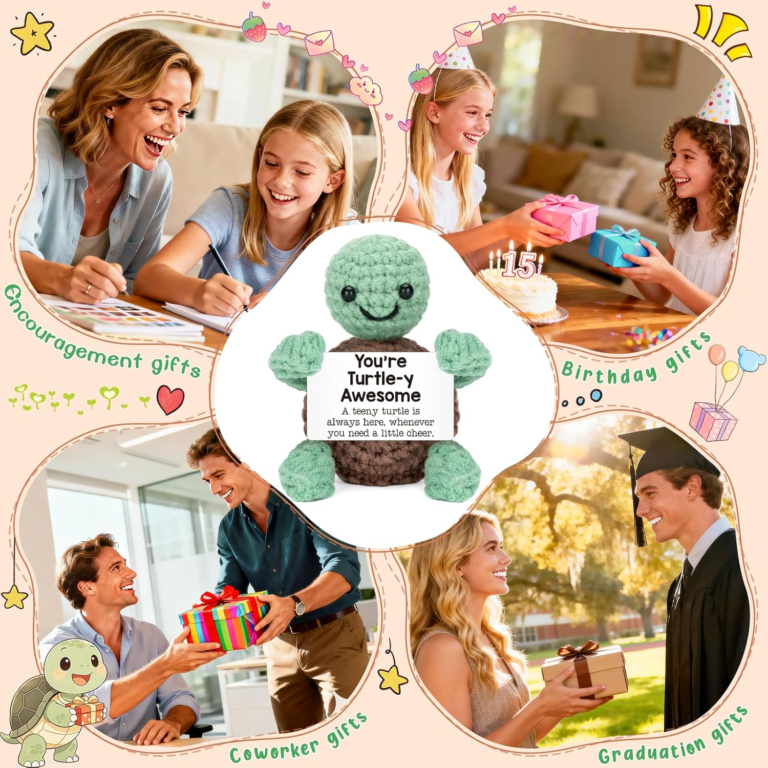 Handmade Mini Crochet Turtle Plush - Australian Wool Stress Relief Companion with Inspirational Card | Birthday, Mother'S Day, Cute Desk Decor for Kids, Adults(6X9Cm) (You Are Turtle-Y Awesome) image number 1