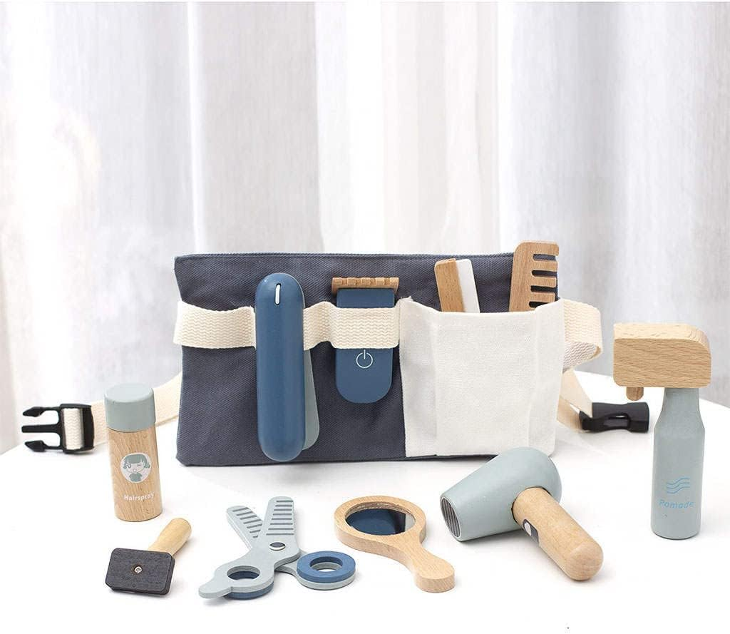 NC 11Pcs Simulation Wooden Beauty Salon Toys Pretend Play Mirror and Cosmetics Case with Toy Hairdryer Hair Styling Set Party Toy for Girl Toddler - Salon Kit image number 5