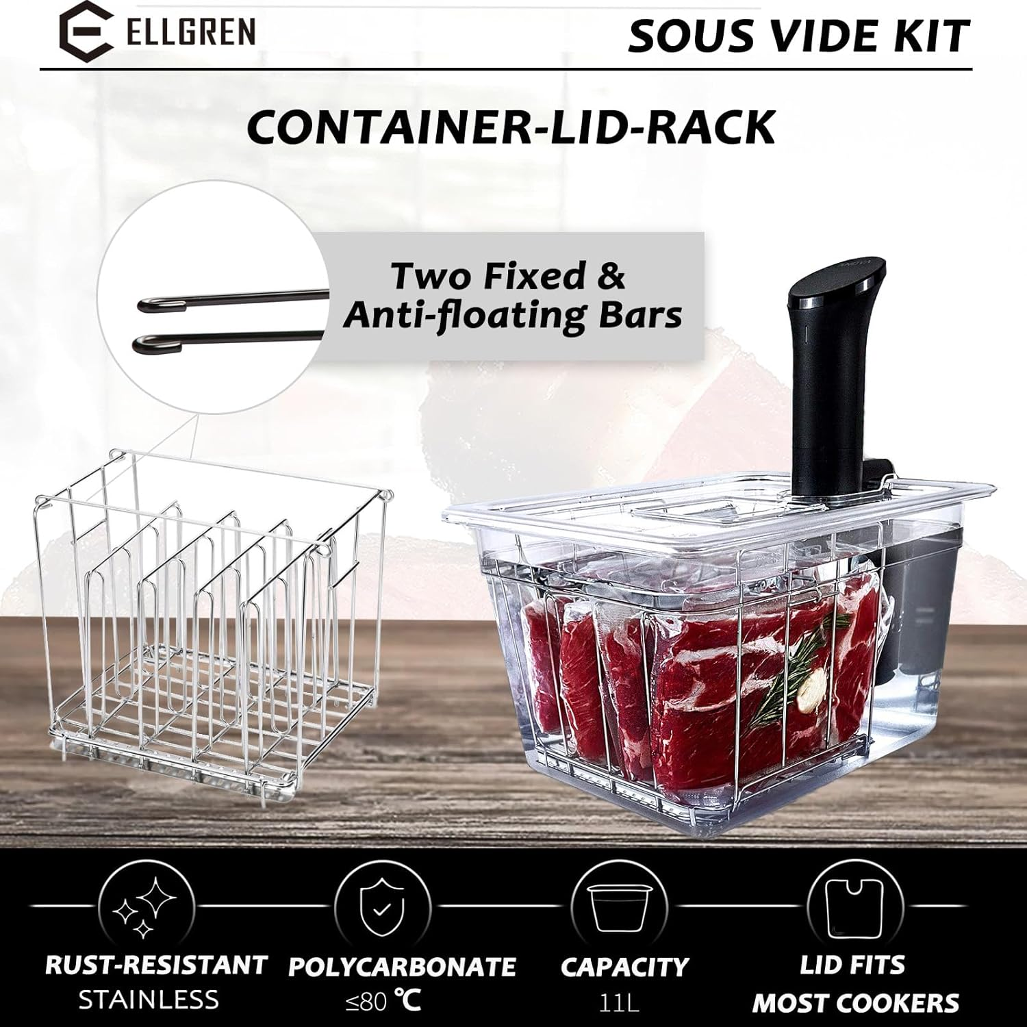 Sous Vide Container, 11L Sous Vide Rack with Lid & Rack - BPA Free Complete Sous Vide Accessories Kit for Anova, Joule, Wancle and Most Sous Vide Cookers image number 4