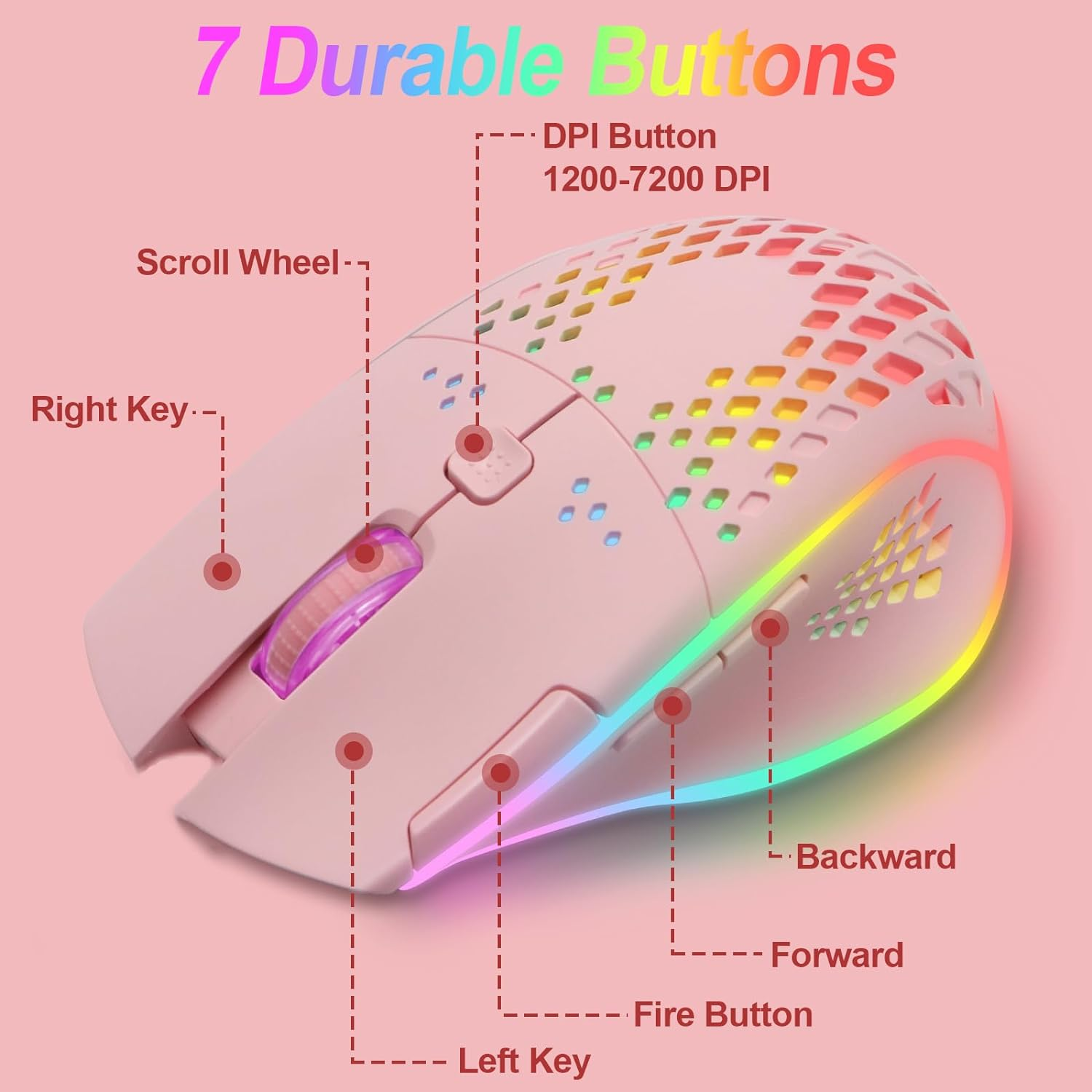 VEGCOO Gaming Mouse, Wireless Mouse Rechargeable Honeycomb Wireless Gaming Mouse with RGB Light/Usb Receiver/Usb Cable/Adjustable DPI, Optical Gaming Mice Mouse for Laptop PC Computer(Pink) image number 1