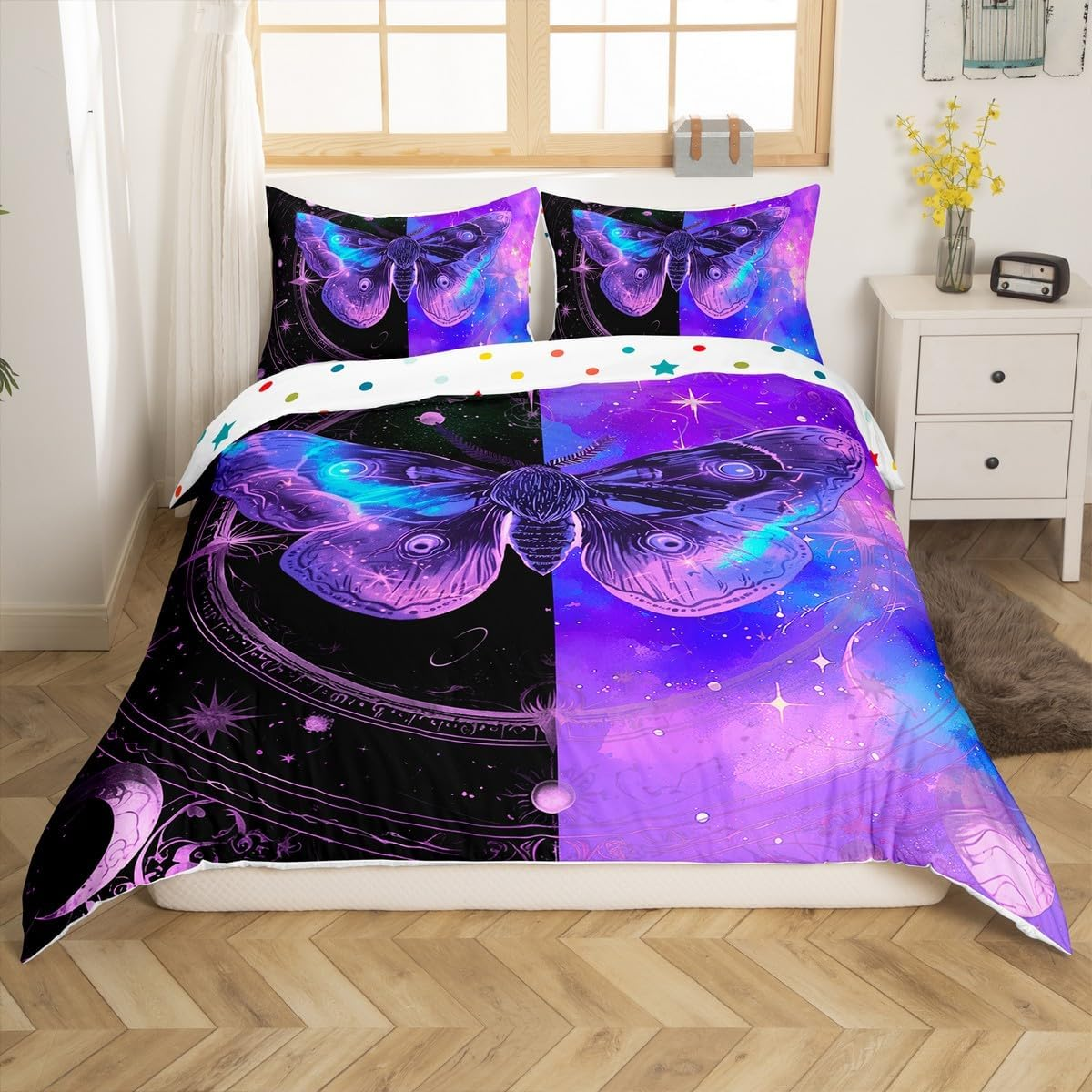Homewish Goth Moth Duvet Cover Set, Purple Galaxy, 135 X 200 Cm Bed Linen Sets, Rustic Aesthetic Animal Comforter Cover, Bohemian Sun and Moon Bed Set, Boho Bedroom Decor image number 2