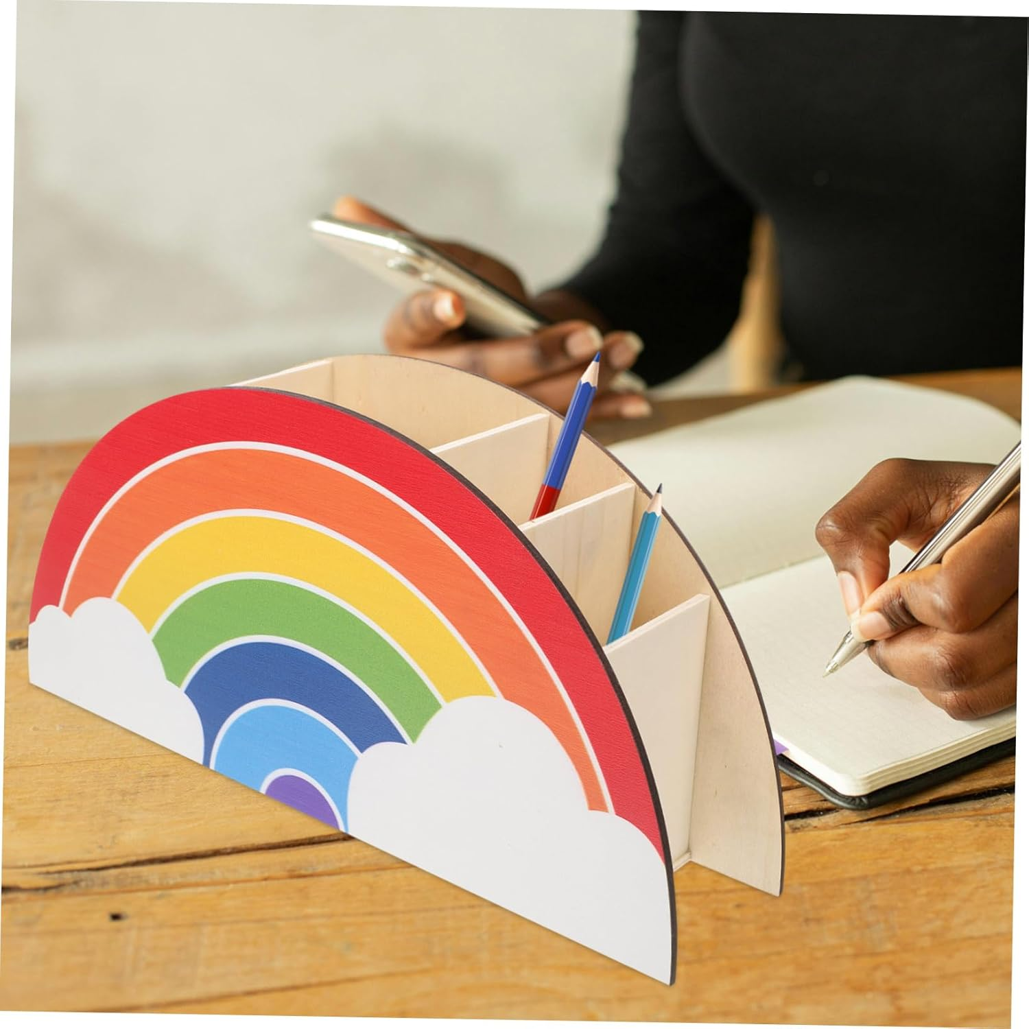 KICHOUSE Rainbow Wooden Pencil Holder for Kids Desk, School Supply Organizer and Cosmetic Cup Holder, Wood Cylinder Pen Storage Box for Classroom and Home Office Accessories image number 6