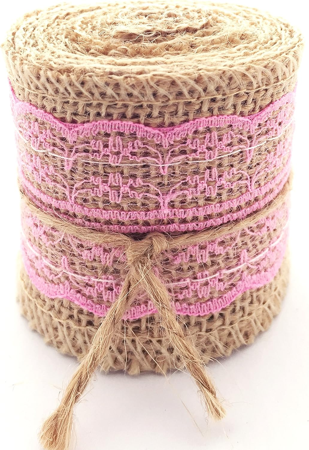 LWR CRAFTS Natural Burlap Ribbon with Lace (Pink)