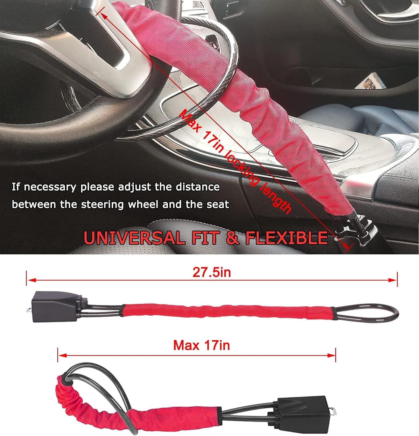 Steering Wheel Lock Seat Belt Lock anti Theft Device Car Lock Car anti Theft Prevention Security with 2 Keys Universal Fit Most Cars Vehicle Truck SUV Van (Red) image number 6
