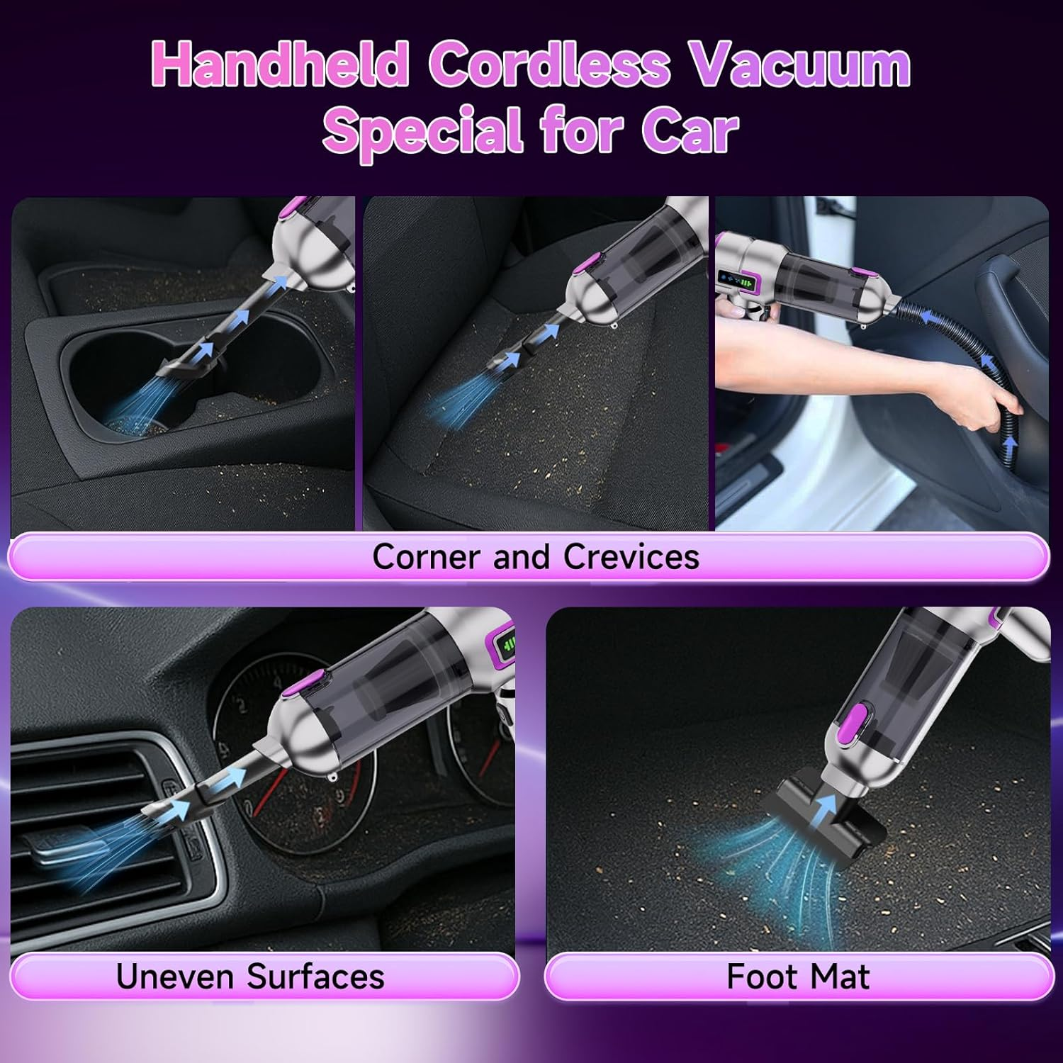 Lyiazsoy Car Vacuum Cleaner Cordless,27000Pa High Power Mini Vacuum Cleaner,Rechargeable Handheld Vacuum Cleaner,Car Hoovers for Pet Hair, Home, Office, Kitchen(Purple) image number 4