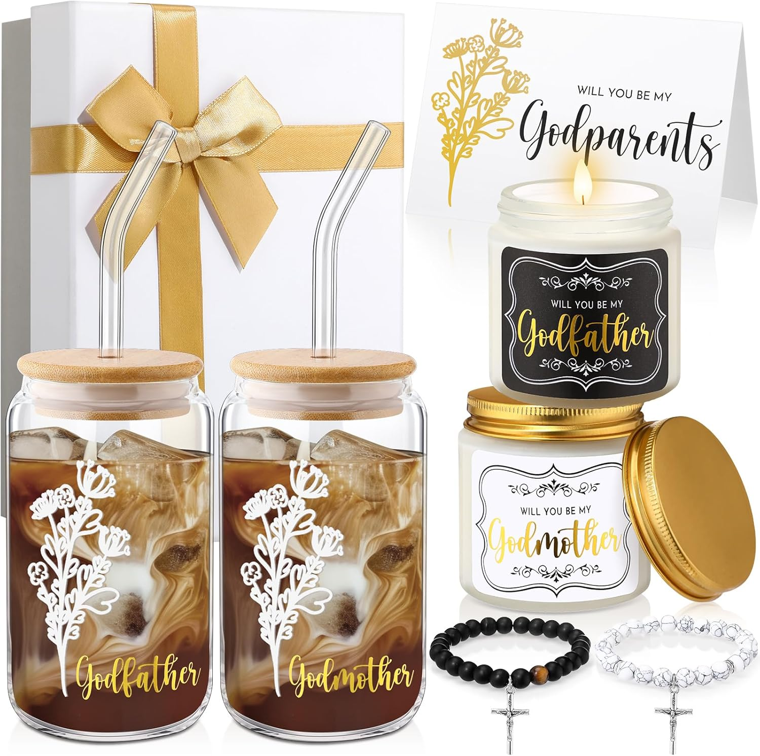 9 Pcs Godparents Proposal Gift Set Will You Be My Godmother Godfather Glass Cup Scented Candle Cross Bracelet Cards Box from Godchild Baptism Padrino Madrina Gifts(Classic Style)