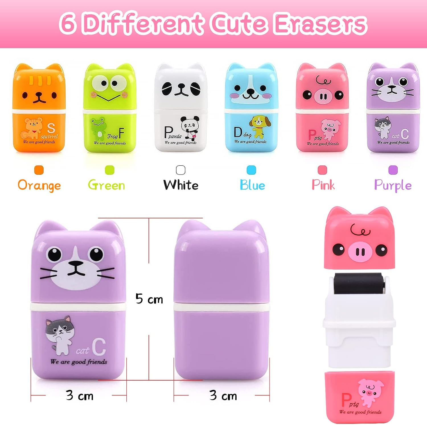 SAYEEC Cute Pencil Erasers, Cartoon Animal Themed Erasers with Cover and Roller, Removal Pencil Eraser Shaving Roller Case Eraser for Kids School Office Stationery Supply Party Gift (6 Pack) image number 4