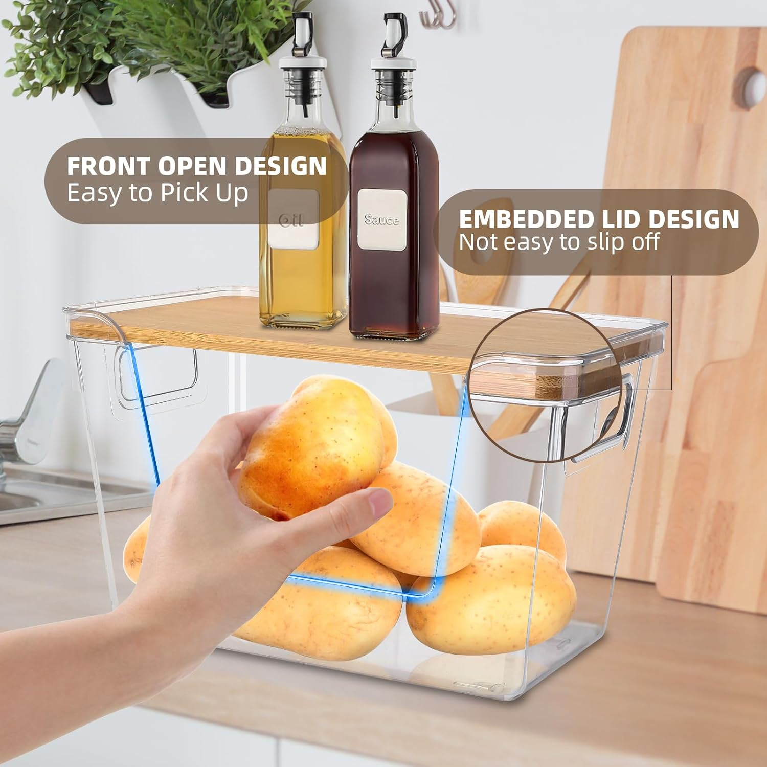 2 Set Pantry Organizers and Storage - Stackable Pantry Storage Bin Containers for Potato, Onion, Garlic, Fruit, Vegetable, Produce - Clear Front Open Kitchen Organization Baskets with Lid image number 2