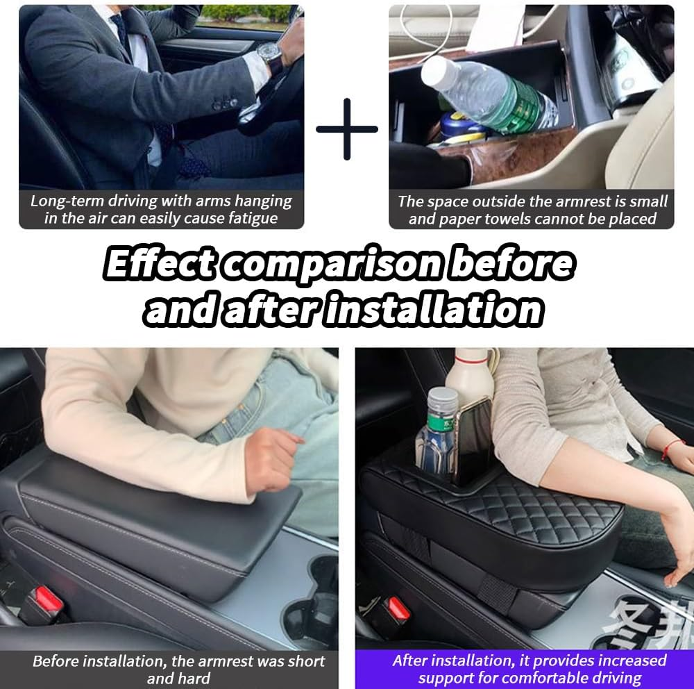 TOMVAES Car Armrest Cover,Leather Armrest Support Elbow Rest Pillow,Auto Center Console Cushion Pad with Cup Holder and Organizer for Suv/Truck/Vehicle,Black image number 2