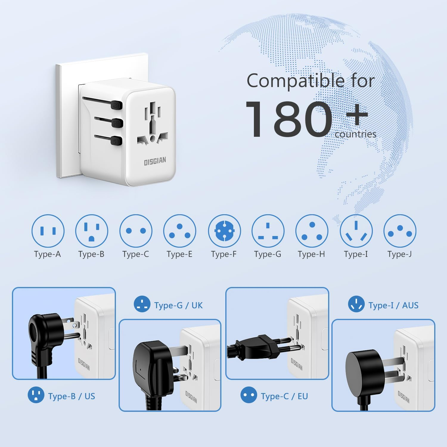 DISGIAN Travel Adapter,Universal Power Adaptor with Super Fast Charger 2 Port Type-C and 2 USB-A for Phone,Laptop,Tablet,Worldwide Travel Plug for Type A/C/G/I USA, Japan, UK, EU (White) - Green image number 5