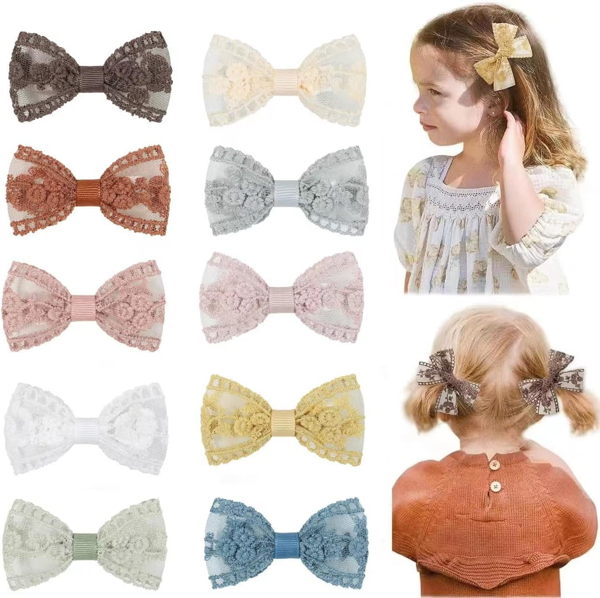 10Pcs Lace Hair Bows Clips for Little Girls,2.75Inch Baby Hair Clips,Fully Lined Baby Hair Bows Clips,Infants Toddlers Kids Hair Styling Accessories for Fine Hair image number 2