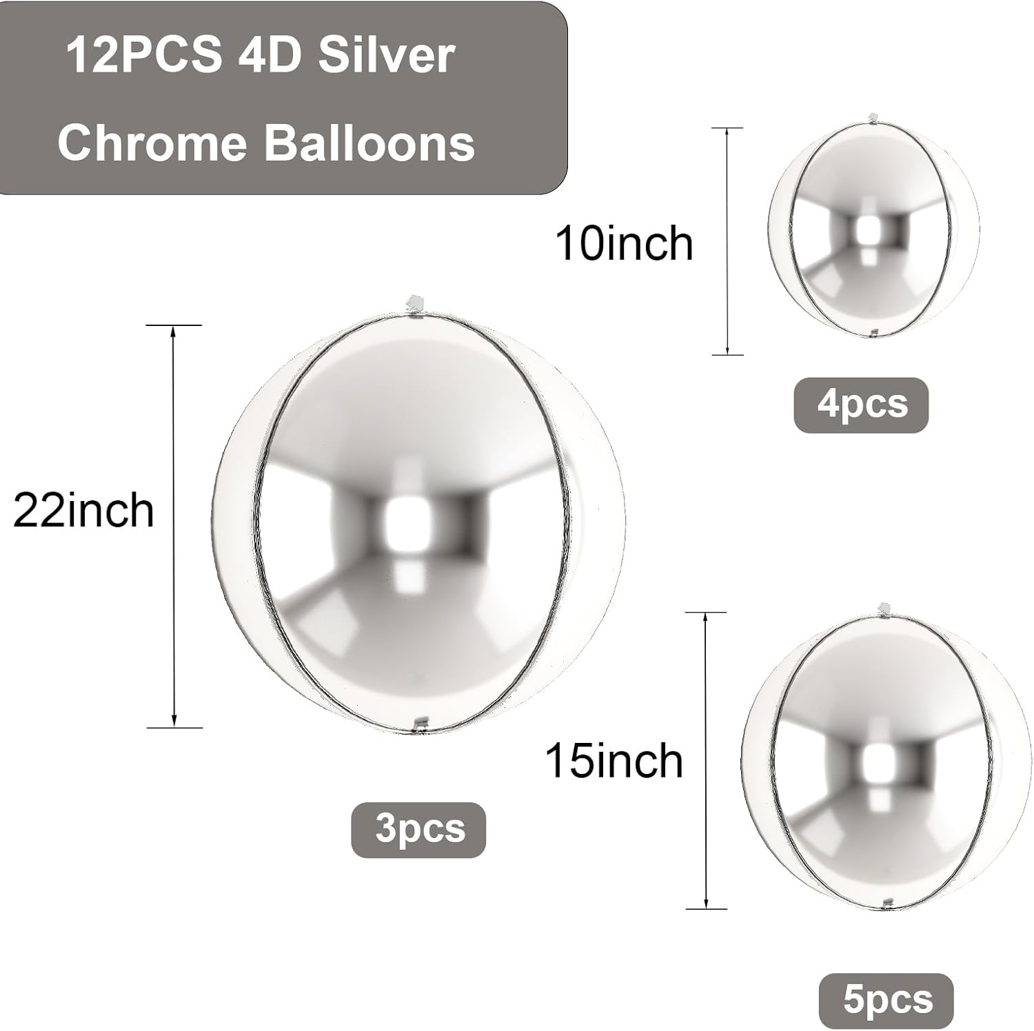 4D Foil Balloons - 22, 15, 10 Inches Silver round Helium Balloons for Baby Shower, Birthday, Party, Decoration, Weddings, Anniversaries image number 1