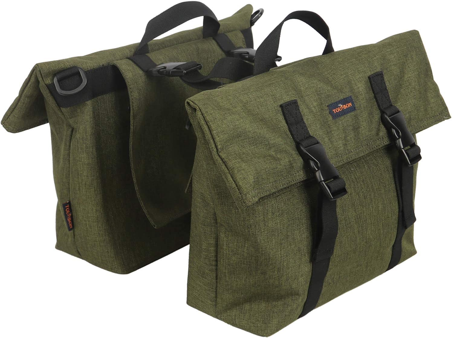 TOURBON Nylon Double Pannier Shoulder Bags Bicycle Rear Rack Trunk Motorcycle Tail Seat Bag (Dark Green) image number 5