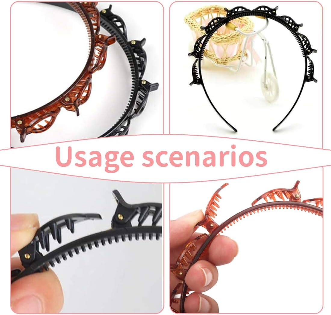 BEPSYOM Pack of 2 Headband with Clips, Hairstyle Aid, Headband with Tooth Headband Braid Tool, Elegant Headband for Women and Girls