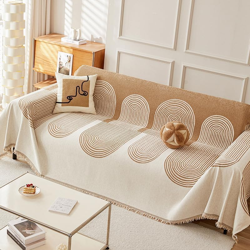 Double Sided Chenille, Soft Sofa Cover Towel, Couch Slipcovers with Tassels Couch,Stylish Sofa Cover Can Be Used as Sofa Blanket, Shawl, Usable in All Seasons (Beige-White, 180 * 300Cm)