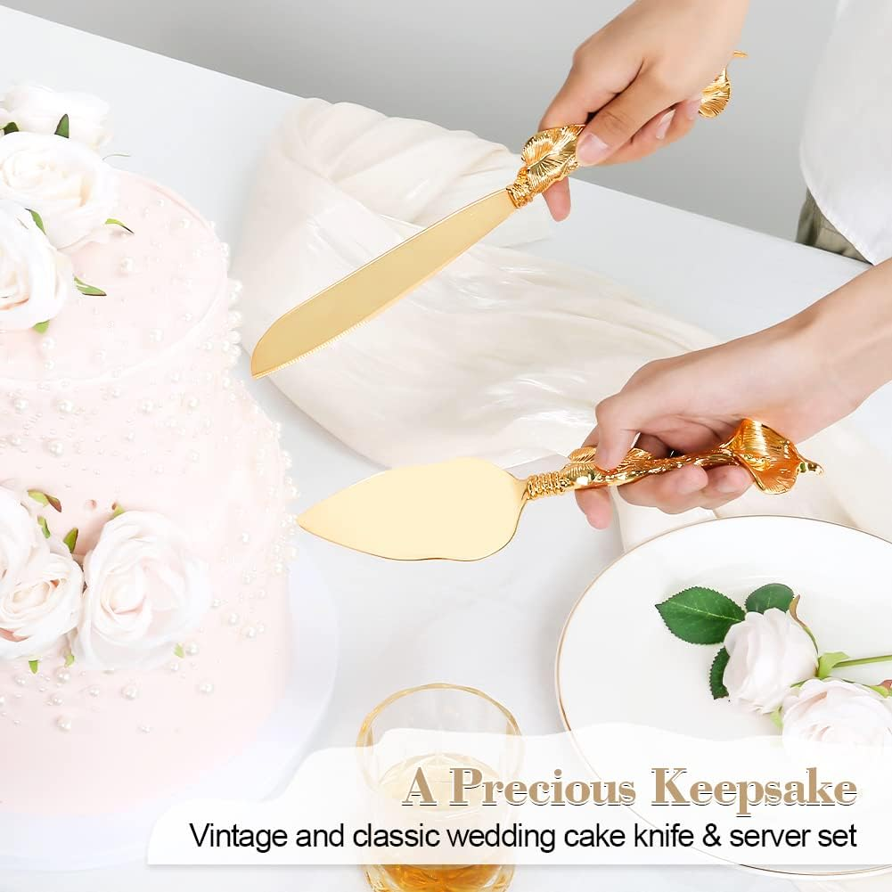 Personalized Gold Cake Knife and Server Set, Engraved Pastry Pie Server Cake Pizza Cutter, Wedding and Birthday Bridal Gift (F-Rustic)