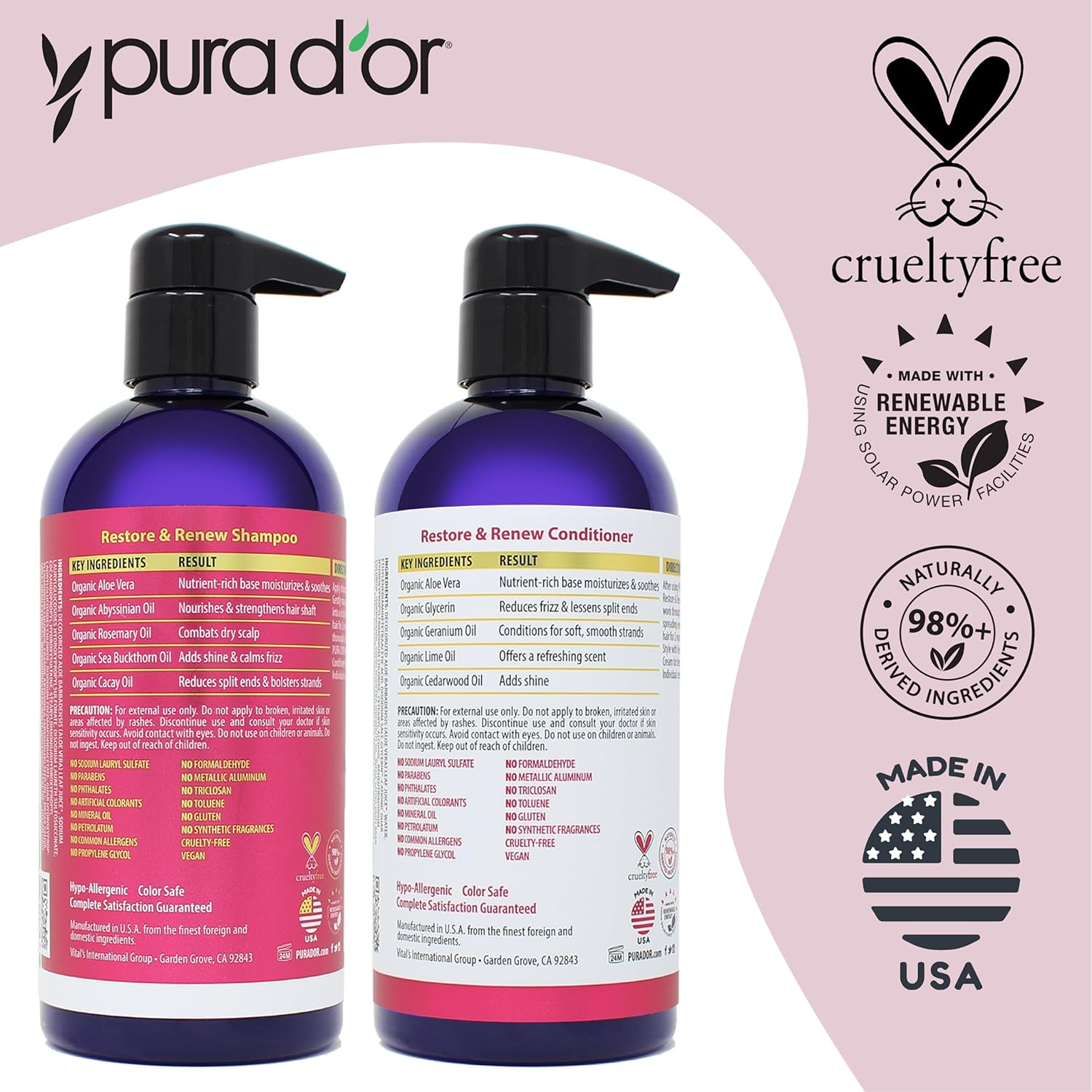 PURA D'OR Restore & Renew Shampoo (16Oz) Hair Protection from Dye, Extensions and Heat Tools, Infused with Organic Aloe Vera, Rosemary Leaf Oil, Sea Buckthorn Fruit Oil, & Cacay Seed Oil image number 2