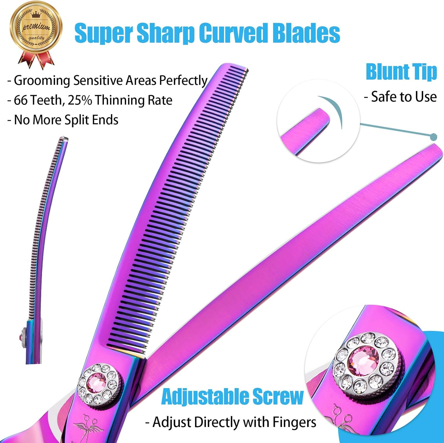 PURPLEBIRD 7 Inch Downward Curved Dog Grooming Scissors Thinning Texturizing Shears Professional Safety Blunt Tip Trimming Shearing for Dogs Cats Face Paws Limbs Japanese Stainless Steel Purple image number 5