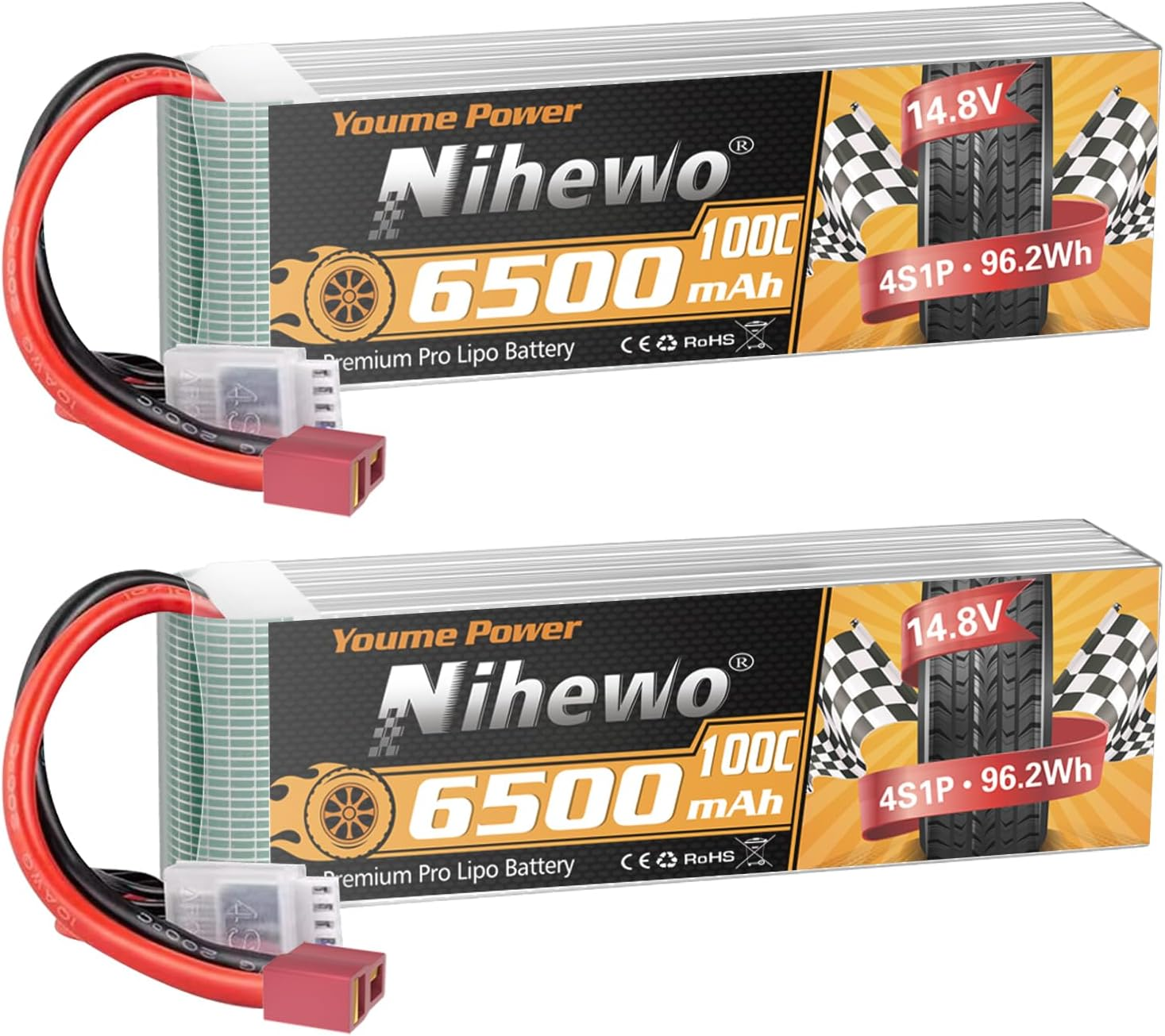 Nihewo 4S Lipo Battery, 14.8V 6500Mah RC Battery 100C Deans T Connector Compatible with 1/5 1/6 1/7 Scale RC Car Truck Boat Airplane Helicopter Quadcopter Models (2Packs) image number 2