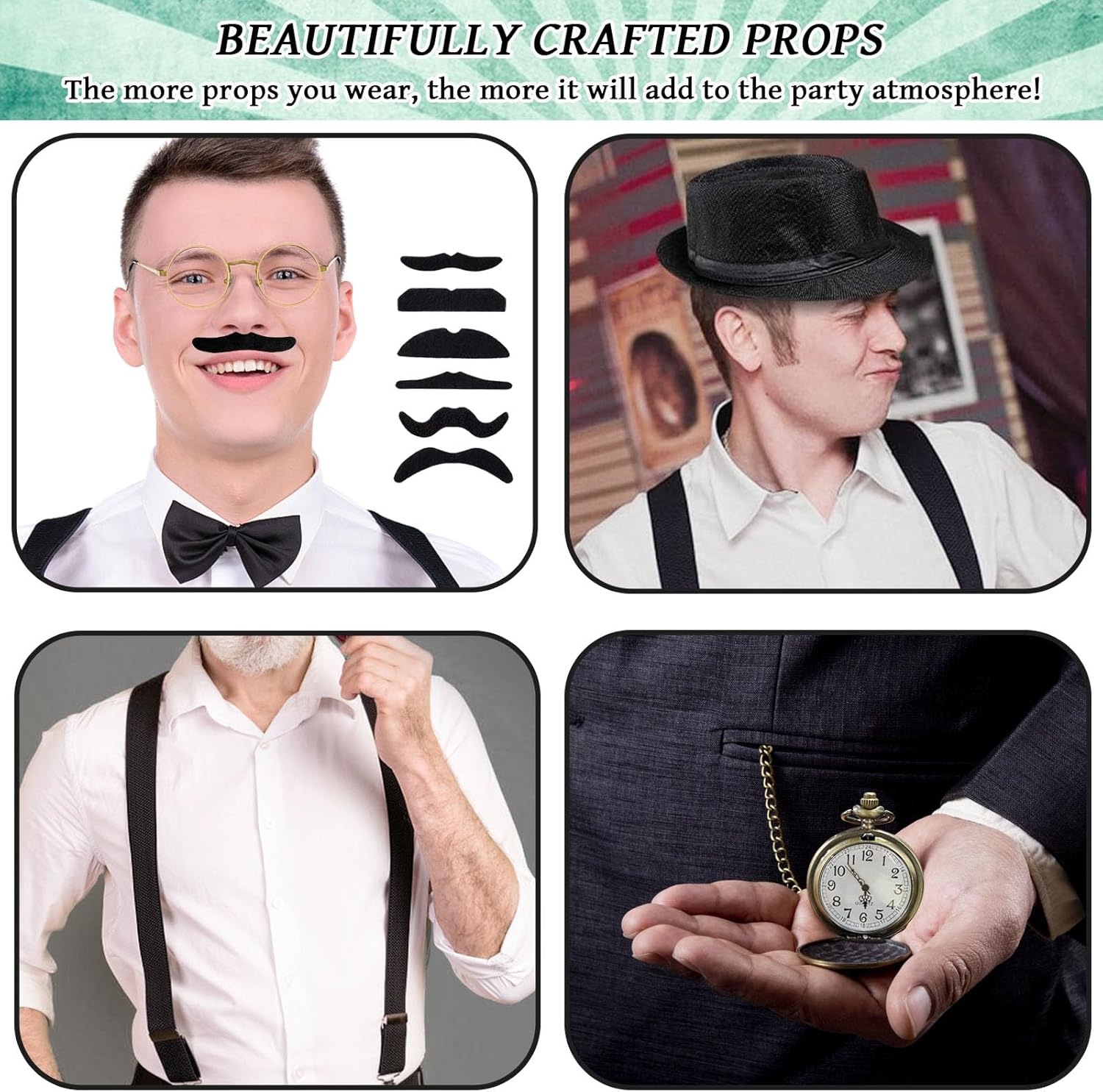 8PCS 1920S Gatsby Costume Accessory Set, 20S Costume Set with Hat, Bow Tie, Pocket W-Atch, Suspenders, Glasses for Men Adults Cosplay Party Supplies Dress Up image number 4