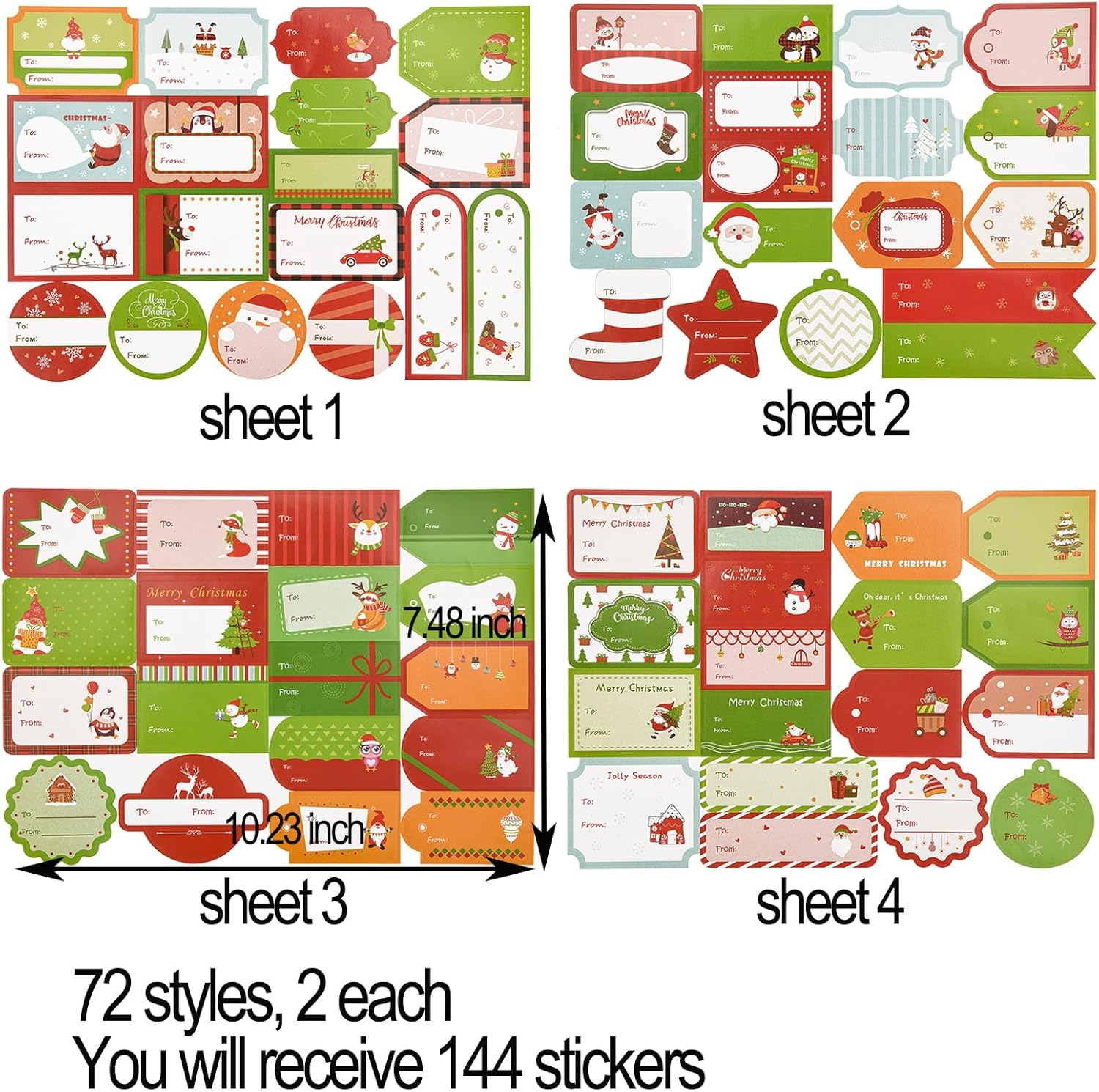 144 Pcs Christmas Label Stickers, Stickers Tags,Self Adhesive Gift Stickers Name Labels - Santa Claus, Snowman, Christmas Tree, Reindeer, Holiday Presents Labels for Christmas image number 1