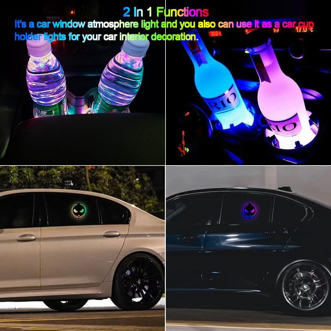 2 PCS Car Window Atmosphere Lights, 7 Colors Ambient Lighting Car, USB Rechargeable Car LED Lights, Car Interior Lights with Rainbow Effect, Portable Led Lights for Car Decoration image number 2