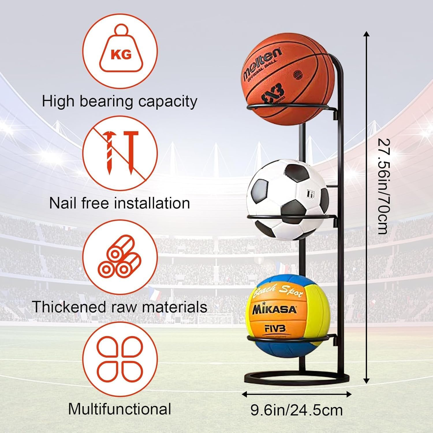 2Pcs Basketball Ball Storage Racks, Durable 3 Tier Cube Ball Storage Holder, Removable Garage Ball Organizer, Vertical Sports Display Stand for Volleyball Football Basketball Soccer 25 * 71Cm ﻿ image number 5