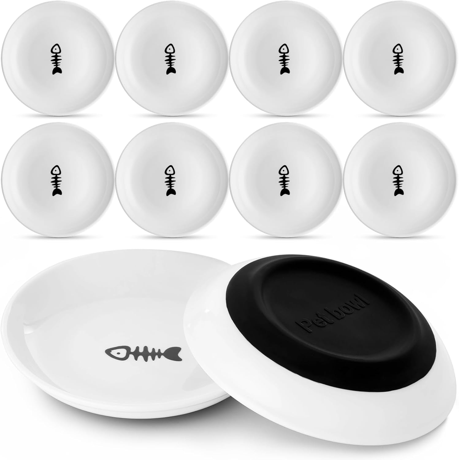 Dorakitten 10 Pcs Ceramic Cat Bowls, No Whisker Fatigue Wide Shallow Cat Dishes with Non-Slip Silicone Bottom, Pet Cat Food Water Plates Bowls, 15Cm Diameter