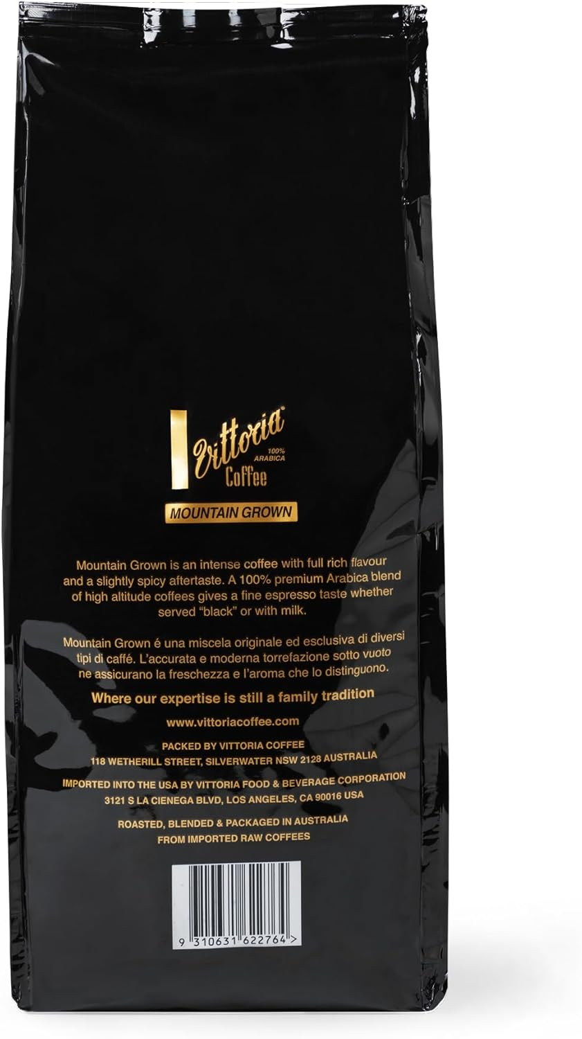 Vittoria Coffee Mountain Grown 100% Arabica Coffee Beans 1Kg. High Altitude Dark Roasted Coffee Beans Perfect for Home Espresso. Caramel, Dark Chocolate, Smokey, Toasty Tasting Notes. image number 1