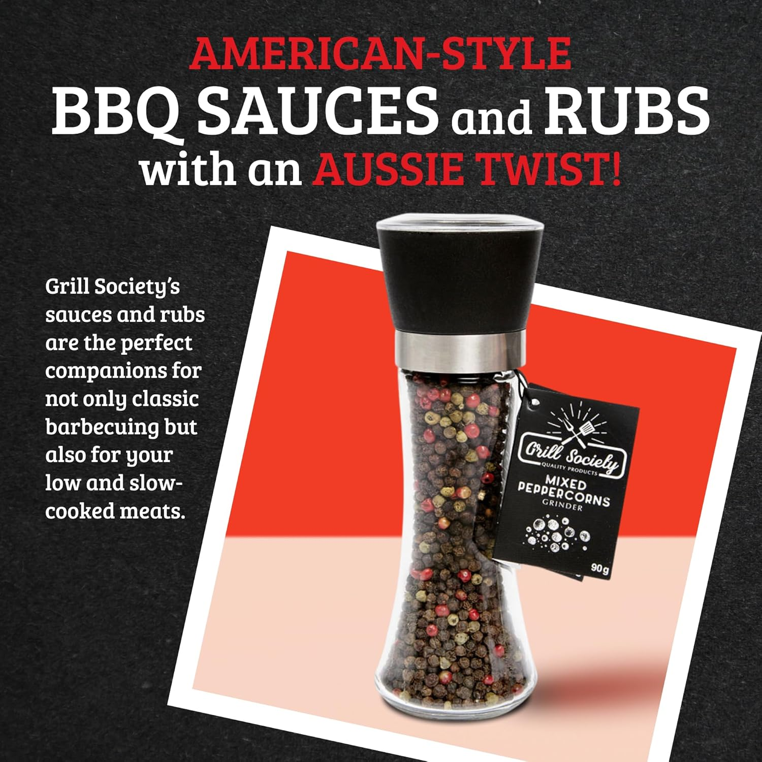 Grill Society Mixed Peppercorns Grinder, 90G - Whole Mixed Peppercorns Spice Grinder with Bold Flavour, Adjustable Pepper Grinder for Cooking, BBQ, Steak, Salads and Everyday Use