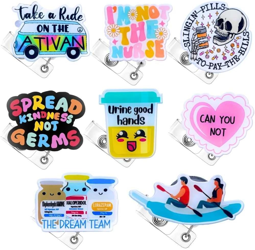 YJ Premiums 8PC Funny Cute Fun Badge Reel Holder ID Card Retractable Clip for Nurse Nurses Nursing Teacher Office Workers | Meme It&rsquo;S Fine Just My Face Job Descriptions Goose Bumps Gifts (Nurse) image number 5