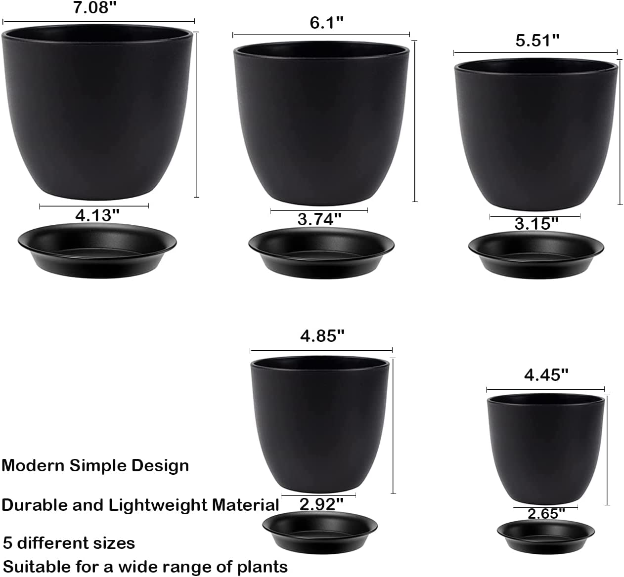 5 Pcs Black Plant Pots, 7/6/5.5/4.8/4.5 Inch Plastic Planters with Drainage Holes and Saucers for All House Plants and Flowers, Modern Planting Pot for Snake Plant, Aloe, Cactus, Succulents image number 3