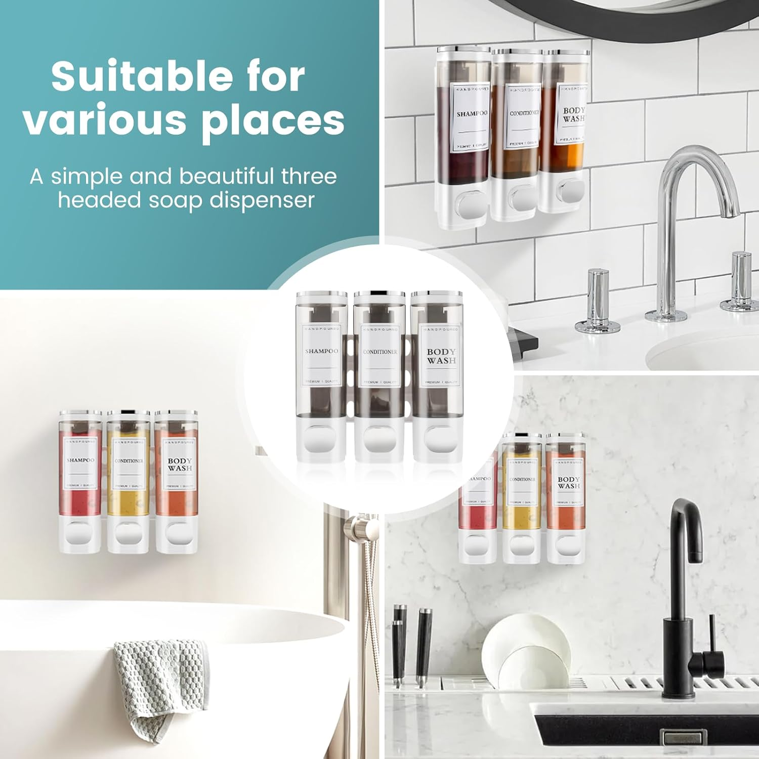 Fwqofvk 3 in 1 Shower Soap Dispenser 3 Chamber Bathroom Shower Dispensers No Drill Shampoo and Conditioner Dispenser Easy to Install Versatile Shampoo Dispenser Wall Mounted for Bathroom (White) image number 6