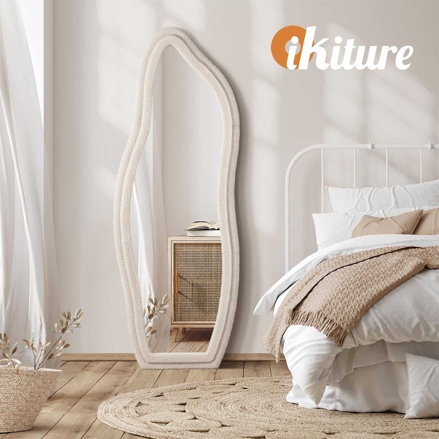 Oikiture Full Length Mirror 160 X 57 Cm Irregular Floor Standing Mirror with Boucle Fabric Frame image number 6