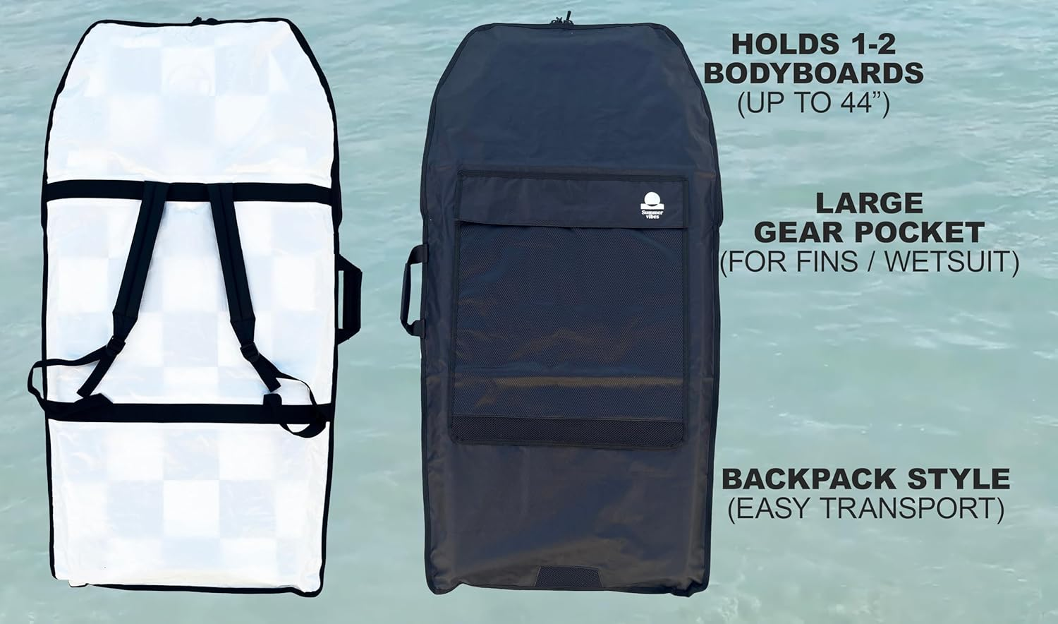 Summer Vibes Lite Bodyboard Backpack Boardbag &ndash; Holds 1-2 Boogie Boards up to 44&Prime; | Heavy-Duty Nylon with Corrosion-Resistant Zippers, Large Gear Pocket for Wetsuit & Fins | Lightweight Black image number 3