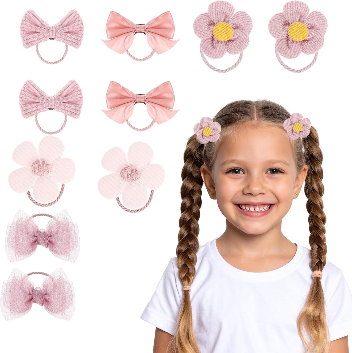 Pack of 10 Cute Hair Bobbles with Bow, Pink Elastic Hair Bands, Cute Flower Hair Scrunchies for Baby Girls, Toddlers, Accessories