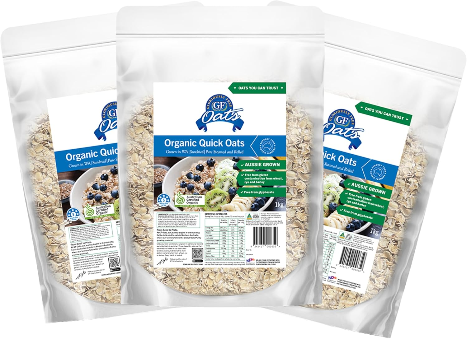 GF Oats Organic Quick Oats| Gluten Contamination Free | 1Kg X 3 Pack | 25 Serves per Pack| Vegan, Free from Wheat, Rye, Barley, GMO, Glyphosate | Tested Nil to Gluten Contamination image number 1