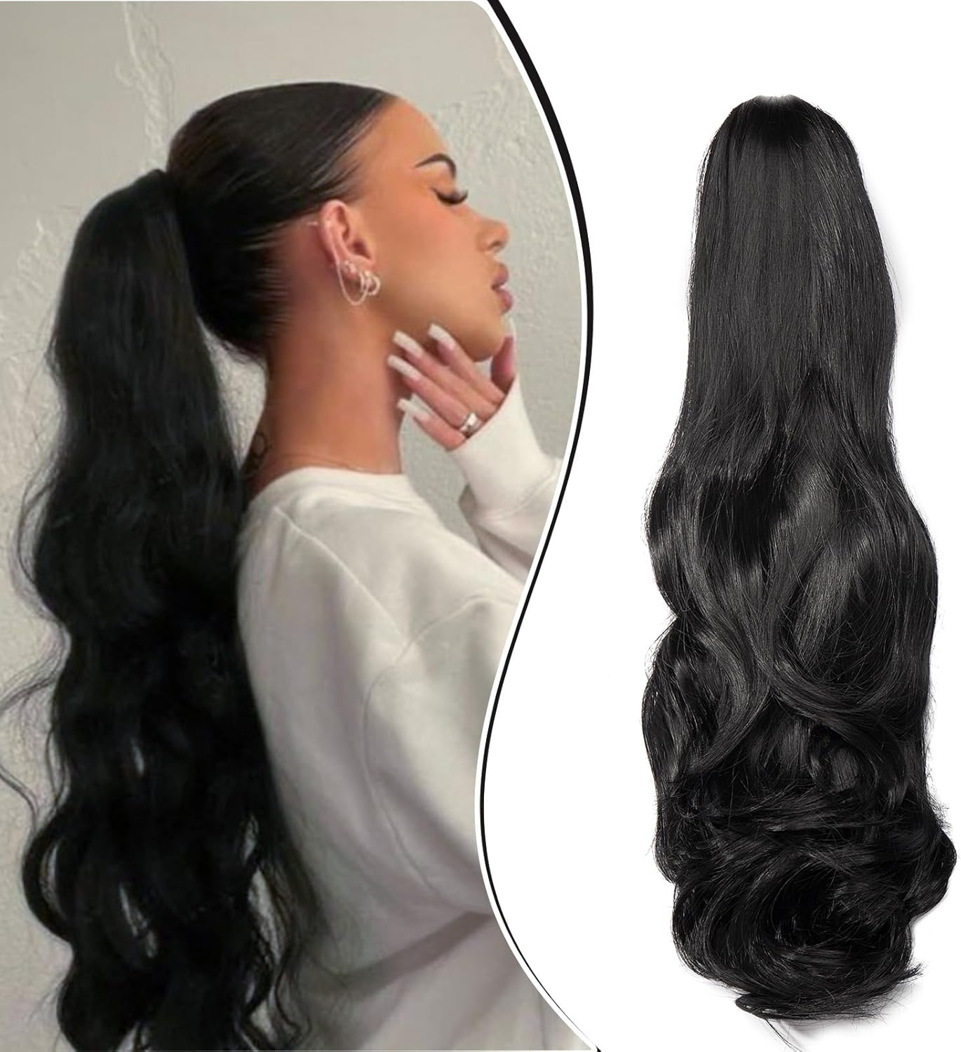 Dcbaboo Claw Clip in Ponytail Hair Extensions Long Wavy 18Inch Ponytail Extension Curly Wave Synthetic Jaw on Pony Tails Natural Hairpiece Fake Ponytail for Women, Medium Brown