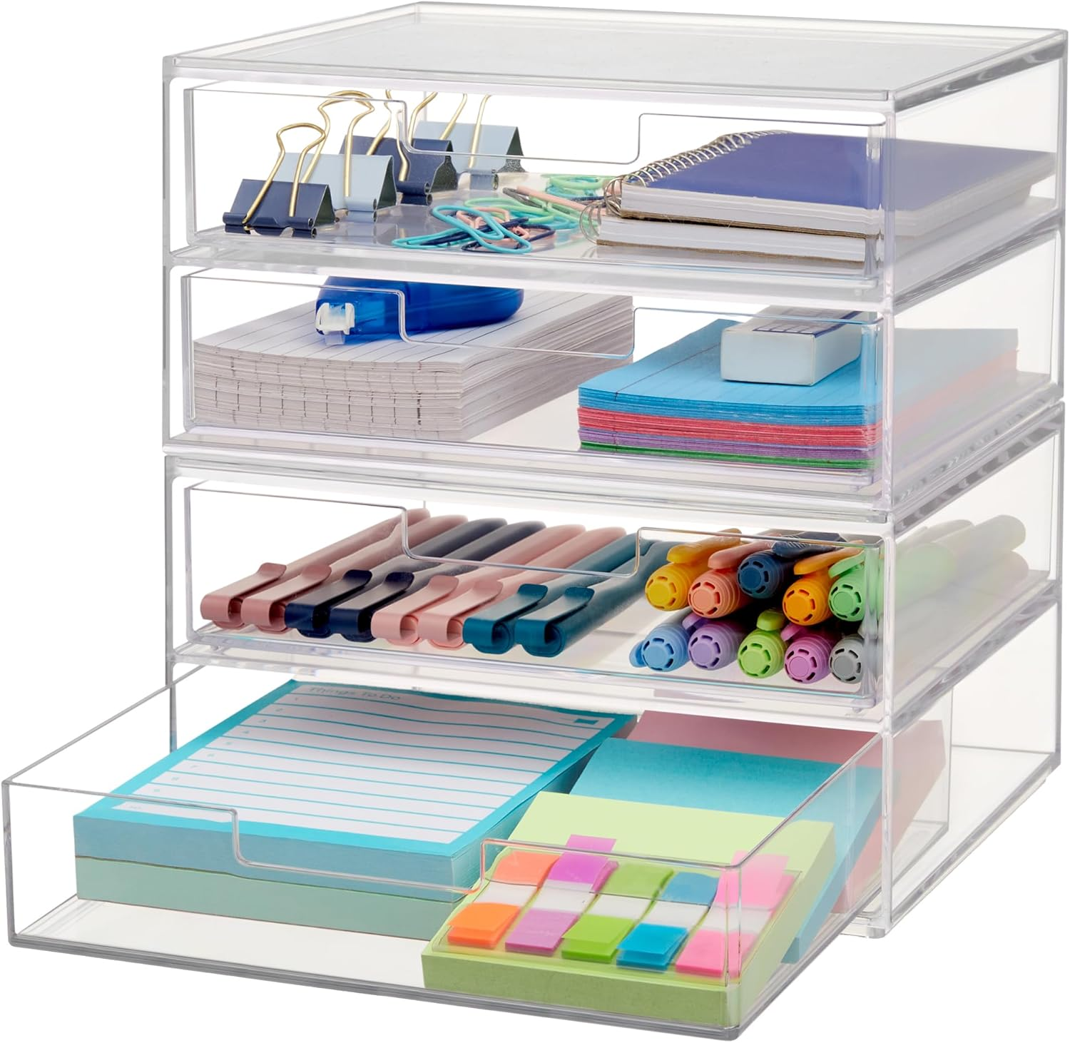 Stori Chloe 4 Drawer Clear Makeup Organizer | Sort Cosmetics and Beauty Supplies | Set Includes Two Stackable Double Drawer Units | Made in USA, Off-White image number 6