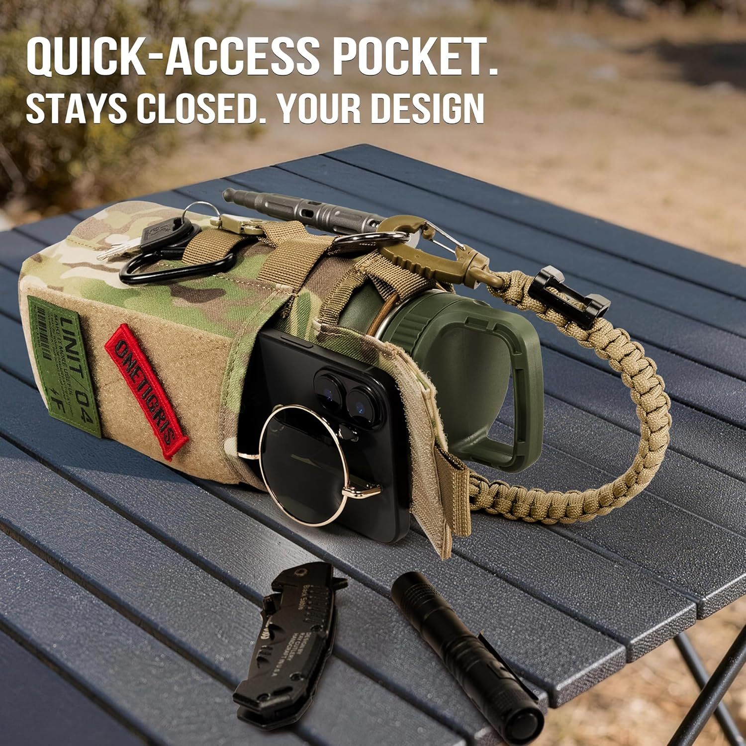 Onetigris Tactical Molle Water Bottle Holder 16-32 Oz - Multi-Function Carrier Bag with Phone Pocket & Paracord Handle for Hiking Gym Camping - Camo image number 6