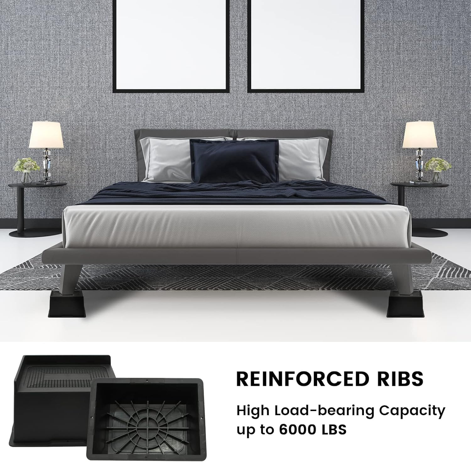 MQFORU Bed Risers 5 Inch Heavy Duty, Oversided Furniture Risers Supports up to 6,000 Lbs, Sofa Risers for Desk, Table, Couch, Black, Pack of 4