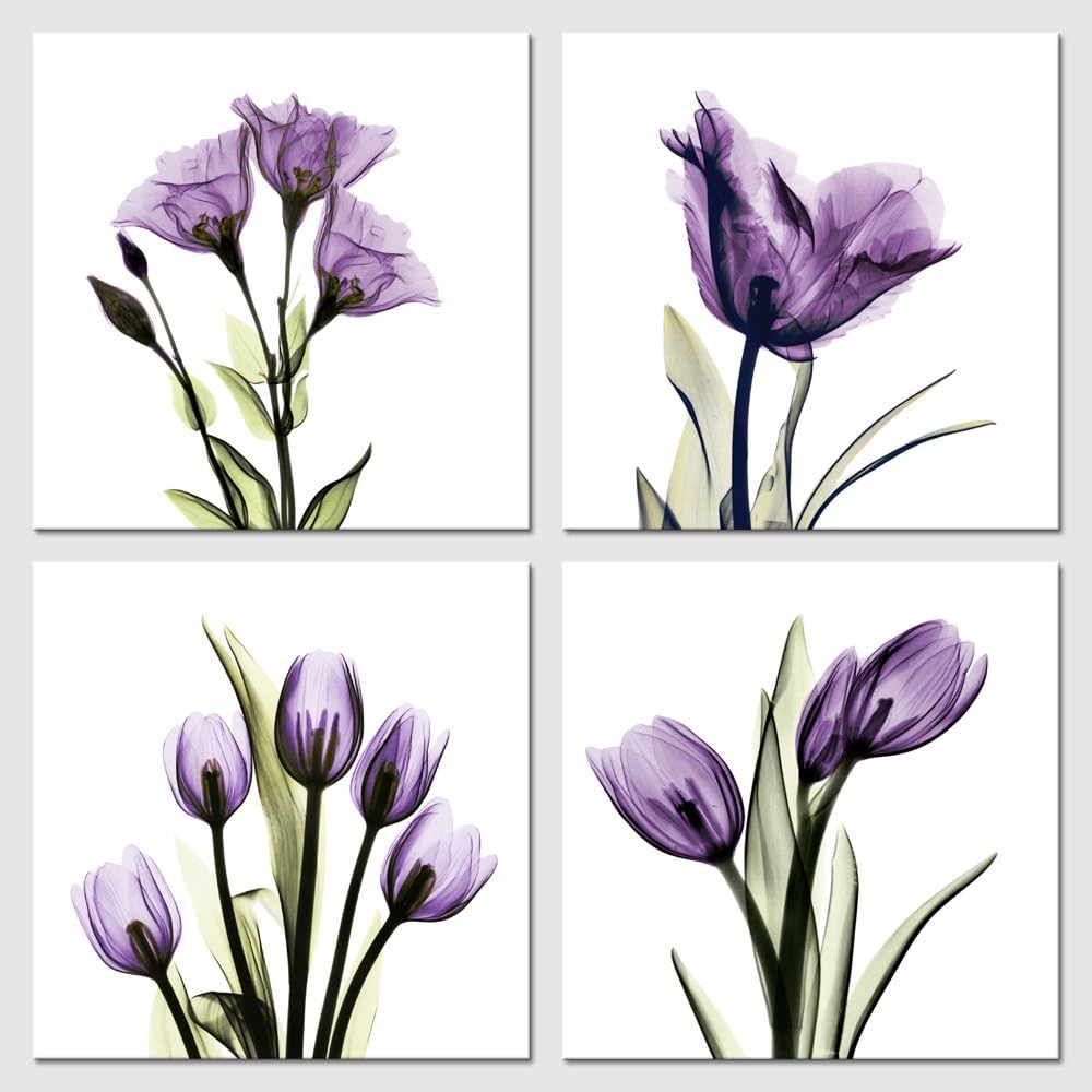 Pyradecor Elegant Purple Flickering Flower Canvas Prints Wall Art Grace Floral Pictures Paintings for Living Room Bedroom Office Home Decorations 4 Panel Modern Abstract Gallery Wrapped Giclee Artwork