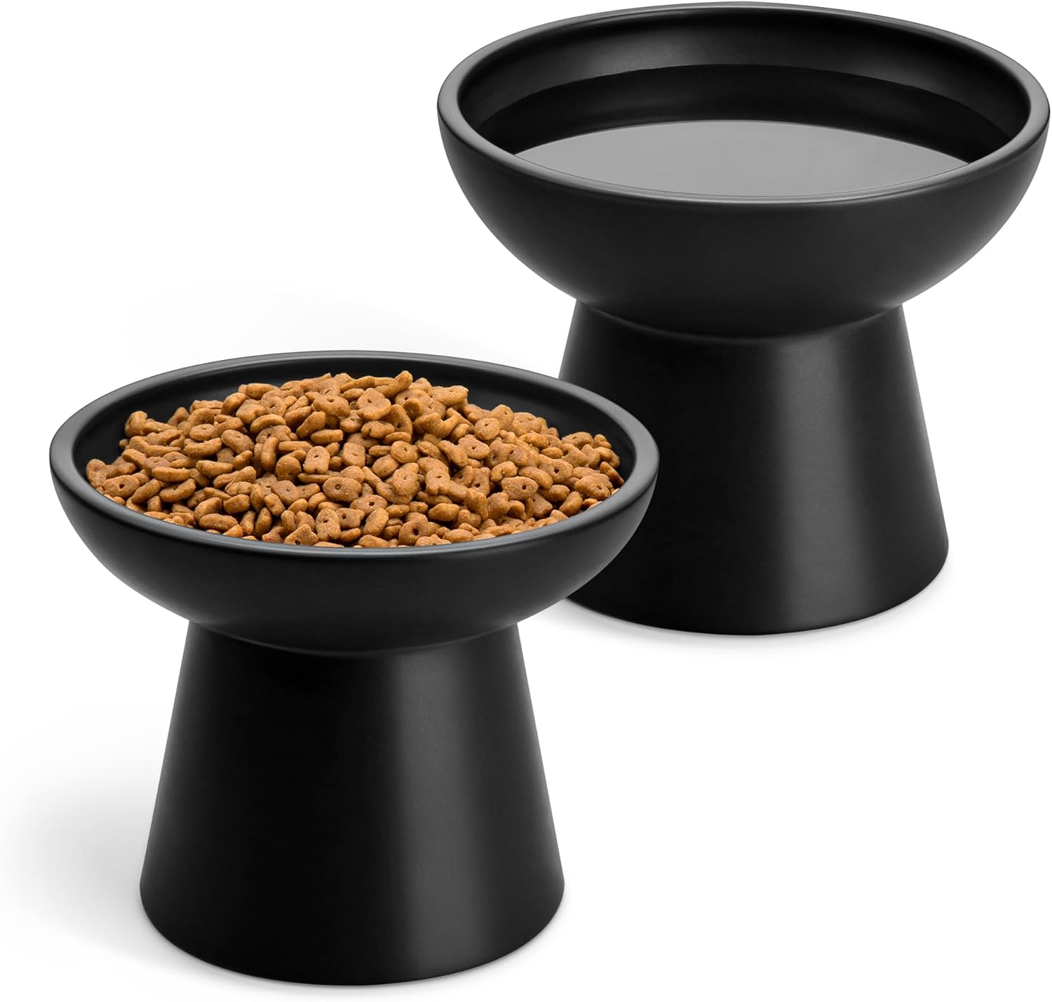 Vancasso Ceramic Elevated Cat Bowls 2-Pack - 6.2" Extra Wide Raised Cat Food & Water Dishes, 5.1" Optimal Height Anti-Whisker Fatigue Shallow Bowls for Cats/Kittens/Dogs, Lead & Cadmium Free (Black) image number 2
