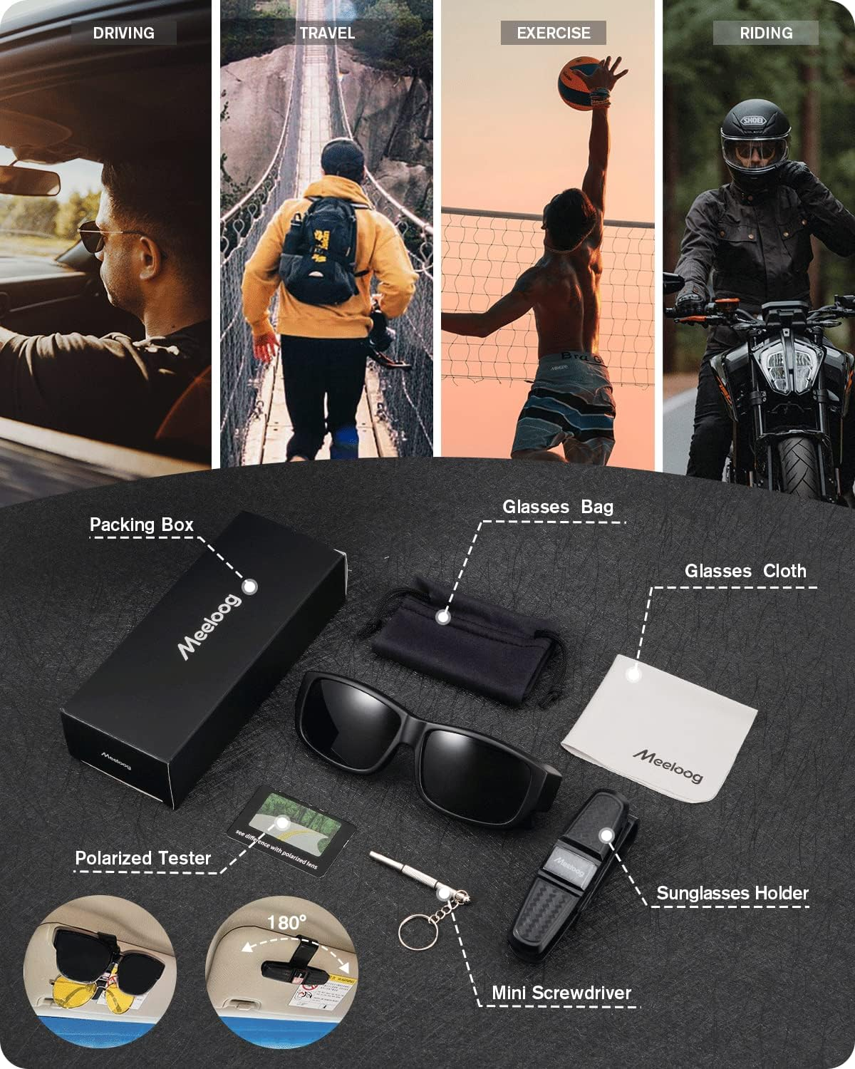 Meeloog Polarized Fit over Glasses Sunglasses for Men, Rectangle Wrap around Sun Glasses for Driving Riding Fishing MST0006 image number 4