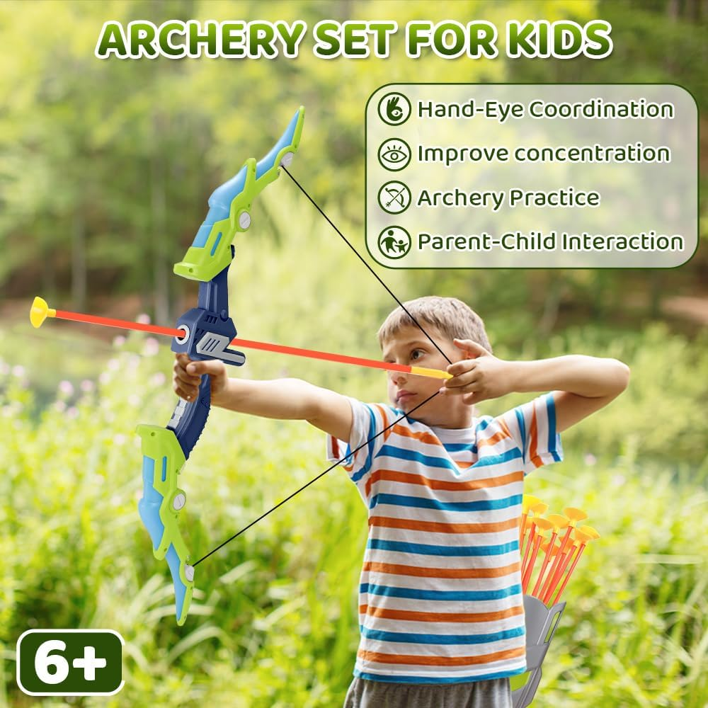 AUTOWT Bow and Arrow Toys with LED Light up Archery, Indoor Outdoor Activity Toy Play Set with 10 Suction Cup Arrows, Target & Quiver for Kids Boys Girls 4 5 6 7 8 9 10+ (Green) - Pink image number 4